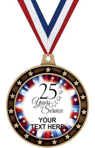 Your Engraving Recognition Awards, 25 Years of Service Custom Text Medal with Red, White, & Blue Americana Background, Years Medal Awards Value Pack of 10 with Personalized Engraving