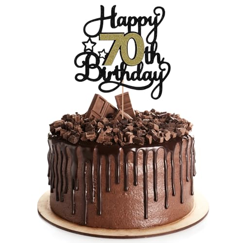 1 Pc Happy 70th Birthday Cake Topper Glitter Black and Gold 70 Years Cake Topper 70 Fabulous Cakes Decoration for Birthday Anniversary Party Cakes Decorations Supplies Women Men