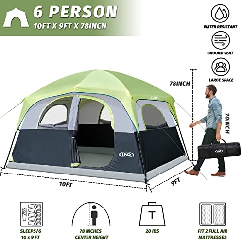 Image of UNP 6 Person Tents for Camping Waterproof Family Cabin Tent with Rainfly | Easy Setup Windproof Double Layer Camping Tent with 1 Mesh Door & 5 Large Mesh Windows 10'X9'X78in(H)
