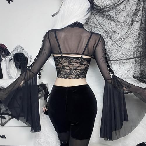 Image of Women Goth Crop Tops Gothic Punk Fishnet Cover Up Bell Sleeve Shawl Mesh Bolero Shrug Cardigan