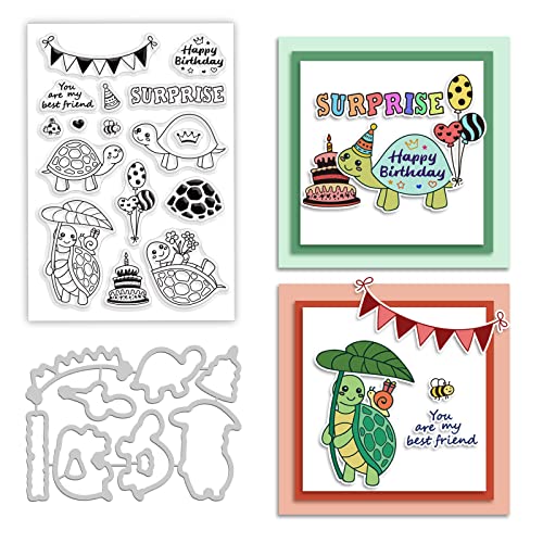 BENECREAT 2pcs Anniversaire Tortues Matrices à Découper et Jeux de Timbres, Tortues Ballons Gâteaux d'anniversaire Pochoirs de Découpe en Métal Tampon...