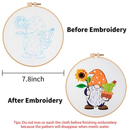 Image of Nuberlic Sunflower Embroidery Kit for Beginners, Full Set of Stamped Gnome Cross Stitch Kit for Adults Including Threads, Hoops and Instruction