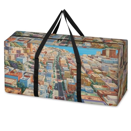 Modern City Extra Large Moving Bags Heavy Duty Storage Bags Colorful City Cloth Wrap Around Handles Double Zipper Reusable Convenient Foldable Storage Tote for Travel Camping Space Save