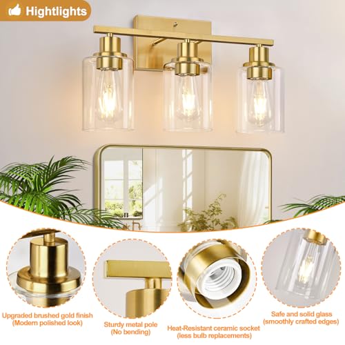Indoi 3-Light Vanity Lights with Clear Glass Shades, Brushed Gold Bathroom Light Fixtures Over Mirror, Modern Bathroom Wall Lamp for Mirror Living Room Cabinet Bedroom Porch by Indoi - Image 3