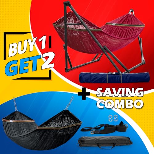 Image of Tranquillo Combo x2 Hammocks with Stand for Outside & Tree Straps, Heavy Duty Hammock with Stand 600lbs for Indoor Outdoor Patio Backyard, x2 Hammocks for 2 Person (Combo - Red, Medium)
