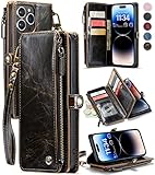 Defencase iPhone 14 Pro Max Wallet Case, iPhone 14 Pro Max Case Wallet for Men, Vintage Leather Magnetic Bukckle Flip Strap Zipper Card Holder Phone Cases for iPhone 14 Pro Max [6.7'], Luxury Coffee