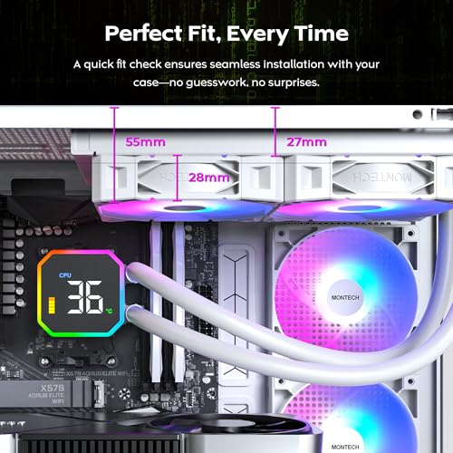 Image of MONTECH HyperFlow Digital 240 CPU Liquid Cooler, 240mm AIO with 3100RPM Pump, 2x120mm E28 ARGB Fans, Real-Time Digital Display, Intel & AMD Support (White)