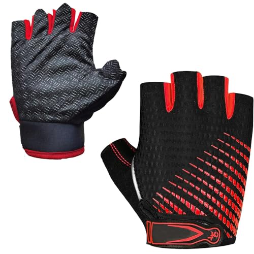 Image of UROCK Microfiber Breathable Cycling Gloves for Men & Women, Half Finger Cycling Gloves, Perfect Bike Riding Gloves, Sports Gym Gloves (Red, M)