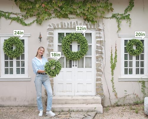 Image of DDHS 16-18in Small Boxwood Wreath for Front Door - Artificial Green Farmhouse Wreath, Spring Summer Fall Winter DIY Decor, for Indoor Outdoor Year-Round Wedding Home Decorations