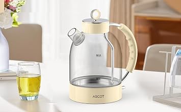 ASCOT Electric Kettle, Glass Electric Tea Kettle Boiler Gifts for Men/Women/Family 1.5L 1500W Borosilicate Glass Tea Heater, with Auto Shut-Off and Boil-Dry Protection (Beige)