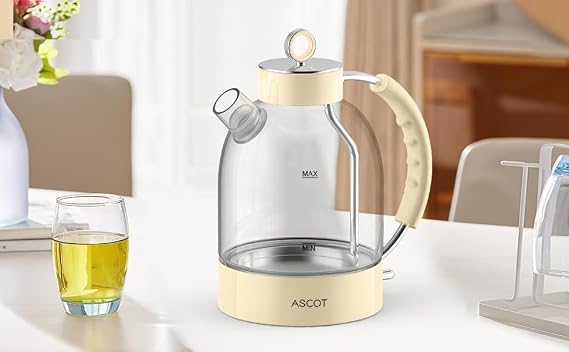 ASCOT Electric Kettle, Glass Electric Tea Kettle Boiler Gifts for Men/Women/Family 1.5L 1500W Borosilicate Glass Tea Heater, with Auto Shut-Off and Boil-Dry Protection (Beige)
