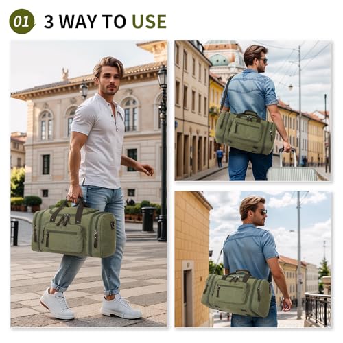 Expandable Canvas Duffel 50cm-58cm, Sturdy Zipper and Reinforced Handles, Lightweight Carry-On Weekender Bag for 3-5 Day Trips, Green2