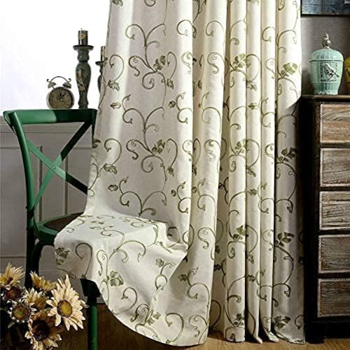 Vintage Vine Embroidery Pencil Pleat Curtains - Elegant Semi-Sheer Window Drapes for Bedroom & Living Room, 1 Pair (Green, 66 x 90 Inch)