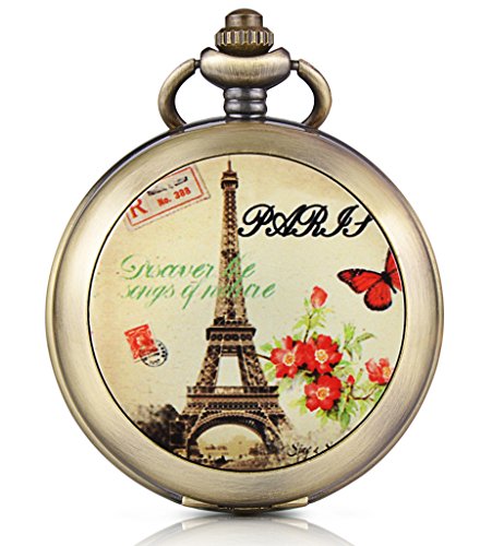 Preisvergleich Produktbild Unendlich U Romantisch Paris Eiffelturm Foto Medaillon Handaufzug Mechanische Taschenuhr Weißes Zifferblatt Skelettuhr Pullover Halskette, beide Ketten