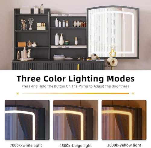 DWVO Makeup Vanity Desk with LED Lighted Mirror & Power Outlet, Fluted Large Vanity Set with 4 Drawers, 3 Color Brightness Adjustable, Lots Storage Dressing Table with Chair for Bedroom, Black