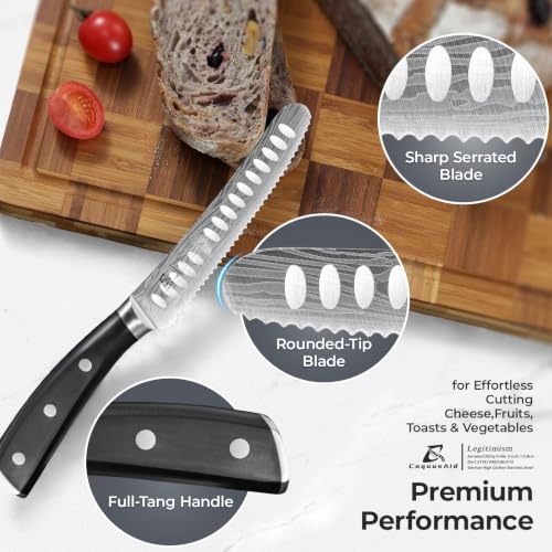 Image of CoquusAid 5 inch Kitchen Utility Knife, Serrated Blade Tomato Knife | Ultra Sharp Paring knives, Round Tip, Ergonomic Handle, Full Tang - Forged High Carbon German Steel, Ideal for Gift (Black)