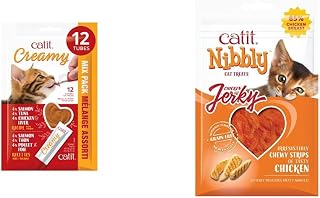 Catit Creamy Lickable Cat Treat, Healthy Cat Treat, Assortment, 12 Pack & Nibbly Jerky Chicken Recipe - (1 oz), 30 G 1 Count