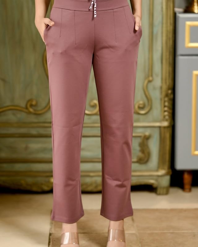 Image of Mlada Straight Fit Cigarette Pencil Pants Elastic Waist Band Mid High Waist Formal Office Trousers for Women, Pockets for Travel Stretch Cotton Knit Full Length Regular /Plus Size
