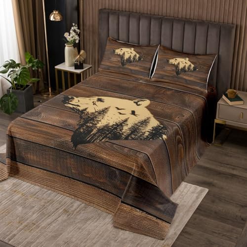jejeloiu Bear Bedspread Queen Size Kids Wild Animal Quilted Coverlet for Boys Girls Teens Rustic Cabin Country Coverlet Set Dark Brown