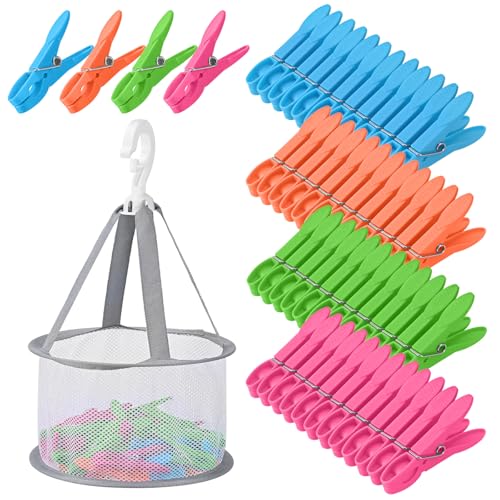 Behiruch 48 Pinzas de la Ropa de plástico Multicolor con para la, Cesta y Bolsa para Pinzas de la Ropa, Antideslizantes y Resistentes al Viento, sin impresión, Pinzas para Toallas, adecuadas