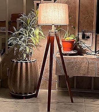 Lamp World Wooden Crafter Decorative Jute Shade Tripod Floor Lamp Brown, Pack of Light Kit, Bulb & Shade
