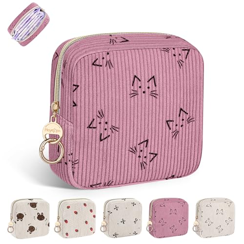 Image of Period Bag for Teen Girls, Corduroy Cute Cats Sanitary Napkin Storage Bag, Menstrual Pad Pouches Tampon Holder for Purse (Pink)