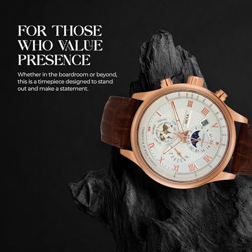 Image of HEXA Hustler Automatic Mechanical Watch for Men | Multifunction Analog Dial | Leather Strap | 45 mm Round Case | Mineral Glass | 3ATM Water Resistant Luxury Watch