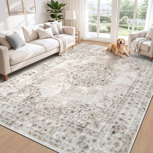 Area Rug 6x9 Vintage Rug: Washable Indoor Medallion Rugs Low Pile Distressed Floor Carpet Retro Accent Rug for Living Room Bedroom Kitchen Dining Table Home Office(Distressed Taupe, 6'x9')
