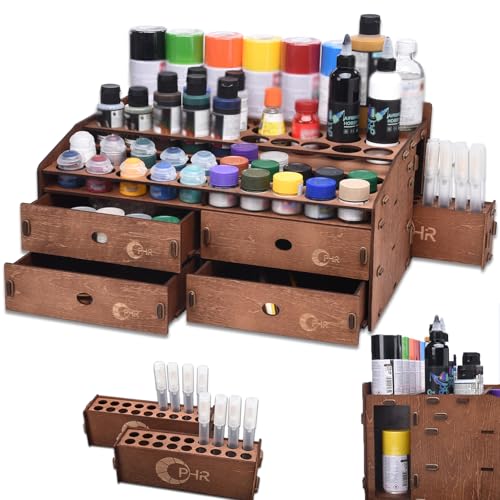 OPHIR Paint Organizer, Wooden Paint Holder with 48 Holes of 2 Sizes, 4 Drawers, 2 Marker Holder with 36 Holes for Art, Acrylic, OIL, Hobby, Craft, Mini Model Paints Storage Organizer for Artists