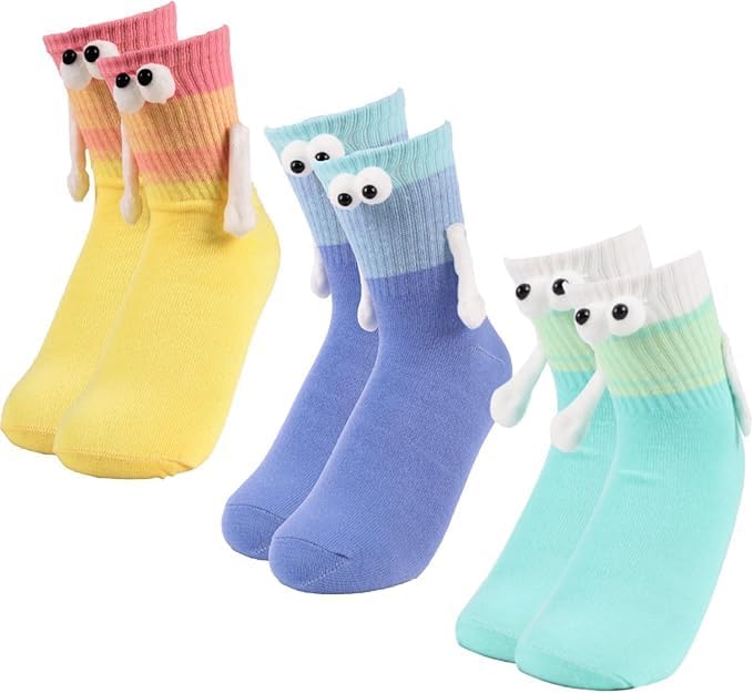 3 Pair Hand Holding Socks, Funny 3D Doll Magnetic Sock Holding Hand Socks, Cute Mid-Tube Magnetic Gifts for Friend Couple B