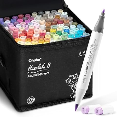 Ohuhu Alcohol Markers Brush Tip- 104-color Double Tipped Alcohol Based Art Marker Set for Artists Adults Coloring Illustration- Honolulu B of Ohuhu Markers- Dual Tip Brush & Fine- Refillable Cover