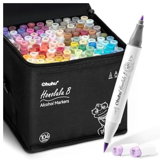 Ohuhu Alcohol Markers Brush Tip - 104-color Art Marker Set for Artists - Honolulu B Series - Double Tipped Alcohol Based Art Markers for Adults Coloring Sketching Illustration - Dual Tip Brush & Fine
