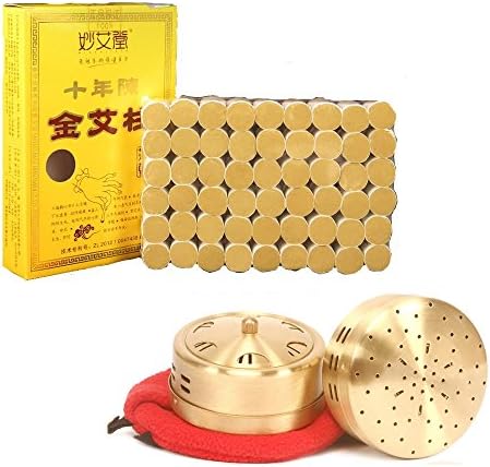 10-Years Purity 60:1 Ratio 54 Rolls Sticks Pure Moxibustion + 1 Copper Portable Smokeless Mugwort Moxibustion Moxa Box Round Shape Burner Set X'mas Gift [HRUS]