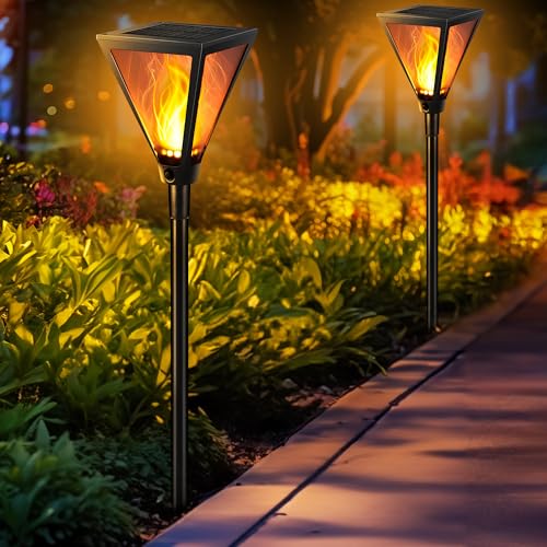 iBaycon 2 Pack 28" Solar Flame Torch Lights, Flickering Flame Garden Lights Outdoor Waterproof, Solar Pathway Light for Yard Lawn Path Landscape Decor by iBaycon - Used condition - US$28.49