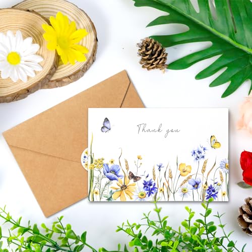 24 Pack Floral Thank You Cards With Envelopes Wildflower Greeting Cards Set with Kraft Envelope Sticker Retro Floral Blank Note Cards for Birthday Wedding Baby Shower Bridal Shower Small Business