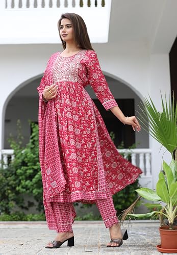 Image of Women's Stylish Rayon Nayra Cut Kurta Embroidered Work and Round Neck 3 /4 Sleeve with Pant Dupatta Set