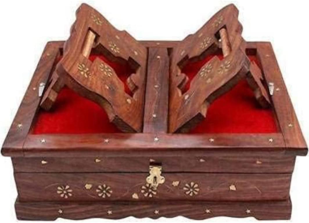 Handmade Wooden Rehal Full Carving Design Rosewood Rectangular Holy Book Stand Box for Quran Ramayan Bible Gita Ved Guru Granth Sahib (Brown, Standard)