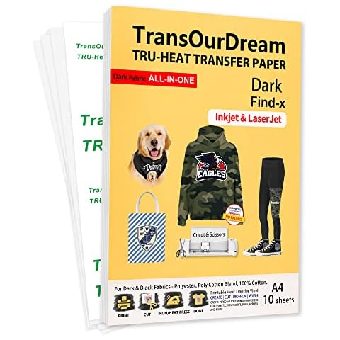 TransOurDream Tru-Iron on Transfer Paper for Any Type of Dark Textiles(10 Sheets, A4) T Shirt Transfers for Inkjet & Laser Printer Printable HTV Vinyl Dark Fabric(Find-x) Cover