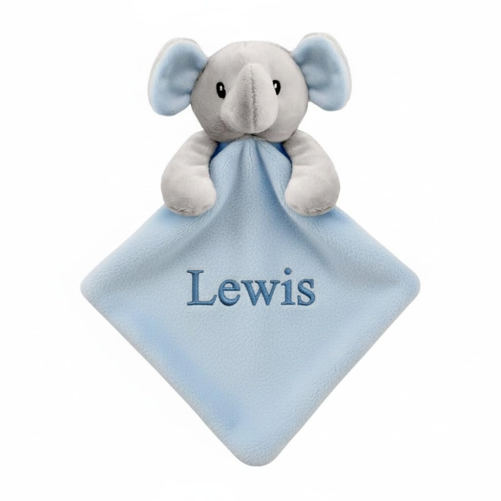 Funky Purple Monkey Personalised Baby Soft Touch Elephant Comforter Blanket, Security Blankie, Blue Pink White Embroidered with a name of your choice (Blue)