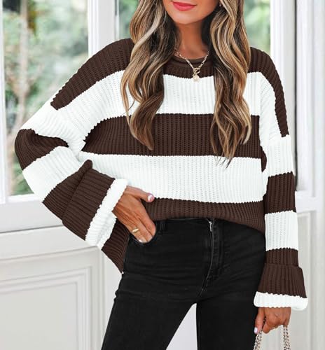 Image of ZESICA Womens Long Sleeve Oversized Striped Knitted Sweaters | Color Block Sweater,Crew Neck Sweater,Loose Fit Sweater,Ribbed Knit Pullover,2026 Fall Winter Sweater,Casual Going Out Top