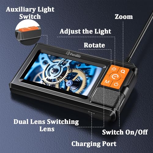 Caméra endoscope double objectif avec lumière, Ferdiiz 1080P HD Boréscope avec 4.3" IPS Écran, IP67 Caméra d'inspection étanche 8+1 réglable LED Lumières, caméra endoscopique flexible-32.8FT 10M câble