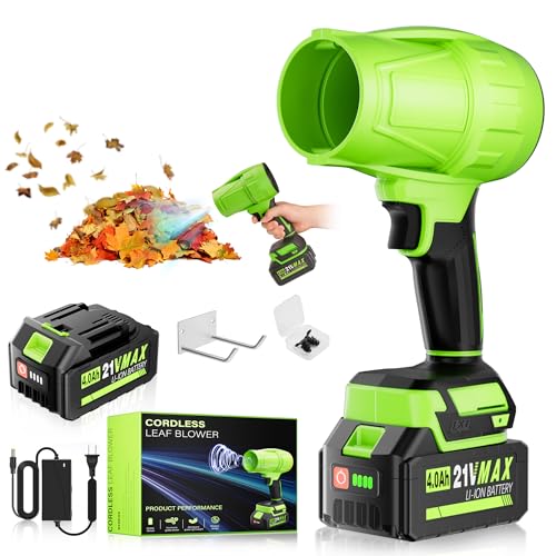Portable Electric Cordless Leaf Blower – 400000RPM Handheld Blower with 4.0Ah Batteries & Charger, Variable Speed Lightweight Air Duster for Snow, Lawn, Patio & Dust Cleaning, Green by AKELOR - Used condition - US$23.99