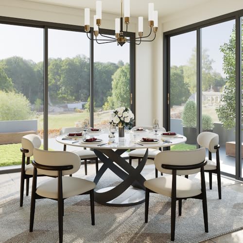 POVISON 59" Modern Dining Table, Glossy White Round Dining Table for 6, Sintered Stone Dining Tabletop with Black X Carbon Steel Base (Table Only) - Image 4