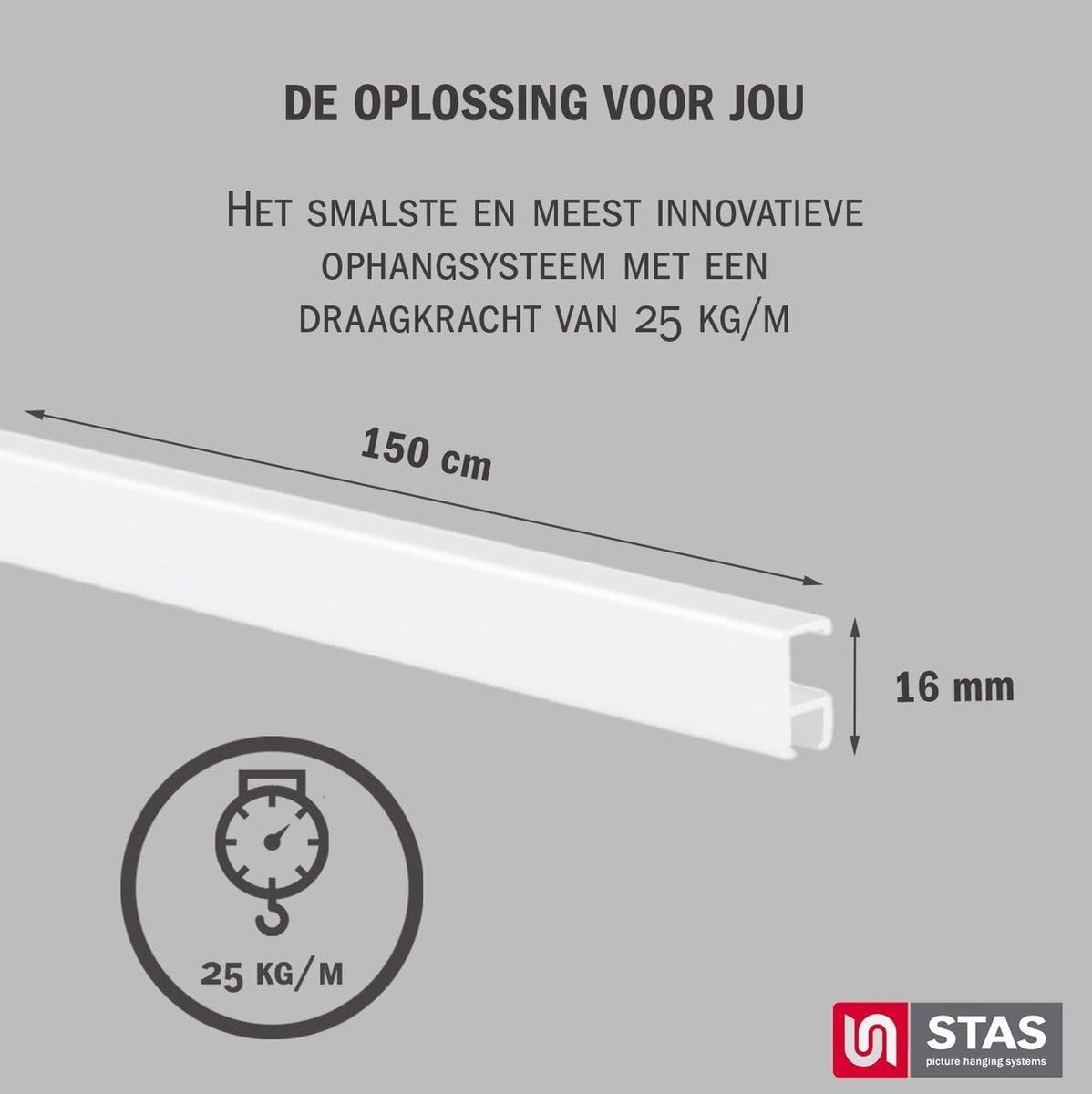 STAS Picture Hanging System minirail White 150 cm - Complete kit, incl. 2 Cords 150cm with Hooks