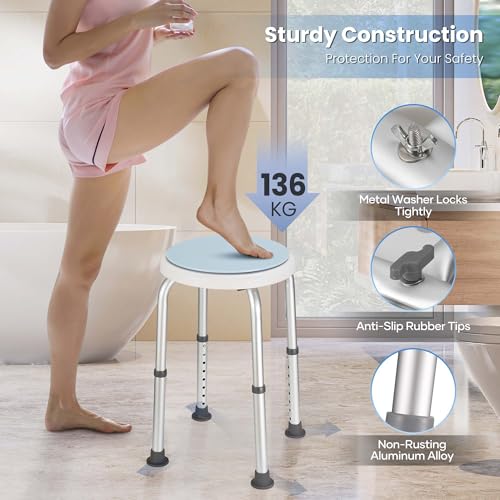 Careboda 360° Drehbarer Duschhocker,Hocker höhenverstellbar 34-52cm,bis 136KG,Rutschfester Duschstuhl aus Aluminium,Duschhocker für senioren