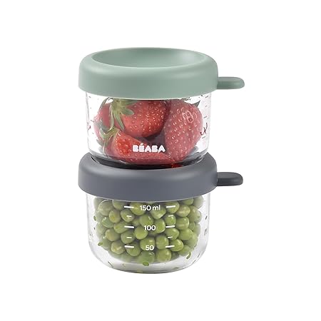 B?ABA, Set of 2 Baby Food Preservation Glass/Resistant Glass, 100% Airtight, Cold Heat Resistant, Freezing, Sterilisation, Graduation, 150 ml, Sage Green/Mineral