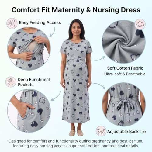 Image of Zero Clothing Feeding Dress for New Moms Casual Loungewear Ankle Length | Cotton Maternity Nighty | Zipless Feeding Dresses for Women | Pregnancy & Nursing Wear