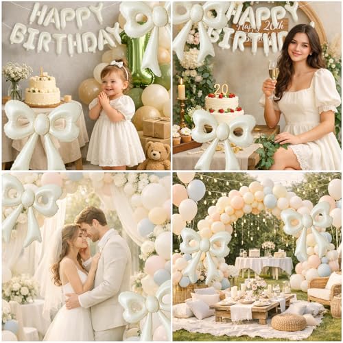 4 Pcs Cream Bow Balloons, 31”Huge Beige Bow Aluminum Foil Balloons for Birthday, Baby Shower, Wedding, Bridal, Engagement, Bachelorette, Gender Reveal, Princess Party Decorations Supplies — view 4