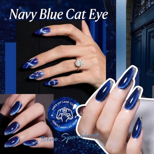 Image of AZUREBEAUTY 18ML Navy Blue Cat Eye Magnetic Gel Nail Polish | Blue Glitter Gel Polish Magnetic Shimmer Effect Soak Off UV French Nail Art Design Salon DIY Manicure Gift for Women