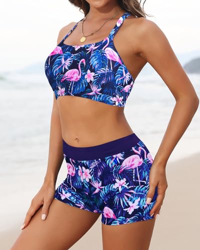 Image of Aqua Eve 3 Piece Tankini Swimsuit for Women Tank Bathing Suit with Shorts Open Back Athletic Swimwear